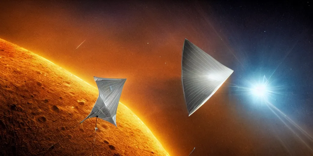 Prompt: close up of a solar sail probe entering a solar system carrying a dead alien. The probe is from an isolated star in a thick dust cloud, highly detailed, desolate, cinematic, UE5, 8K, 4K