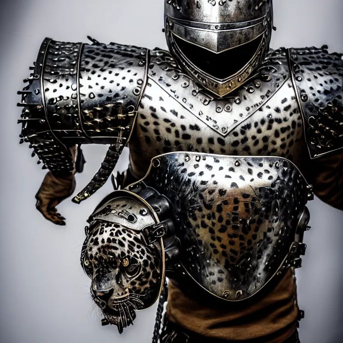 Image similar to portrait photograph of a real-life warrior with metal jaguar armour. Extremely detailed. 8k