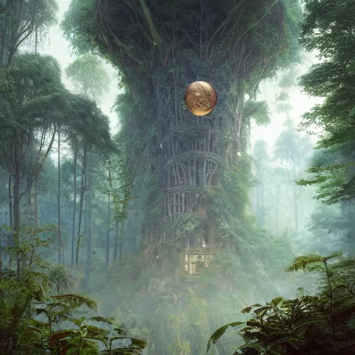 Image similar to a suspended village built in a dense forest of giant very large tall trees, ultra detailed, concept art, game art, matte painting, by tomasz alen kopera and peter mohrbacher, and michel - ange, artstation 8 k, greg rutkwowski, alphonse mucha, studio ghibli, hayao miyzaka, artstation, octane render