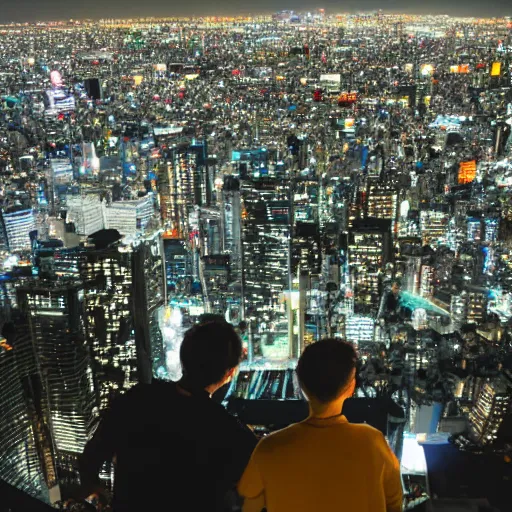 Image similar to two caucasian nerds looking out over the lights of Tokyo, from the perspective of the city, 8k,