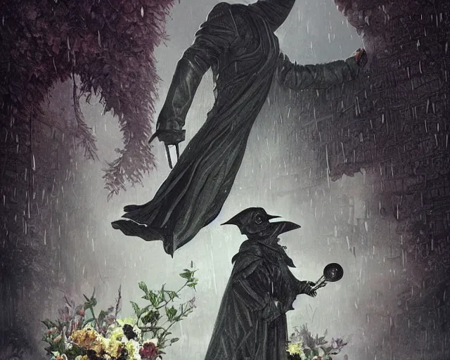 Prompt: plague doctor holding flowers, heavy rain, wind, thunder, reflections, deep focus, d & d, fantasy, intricate, elegant, highly detailed, digital painting, artstation, concept art, matte, sharp focus, illustration, hearthstone, art by artgerm and greg rutkowski and alphonse mucha