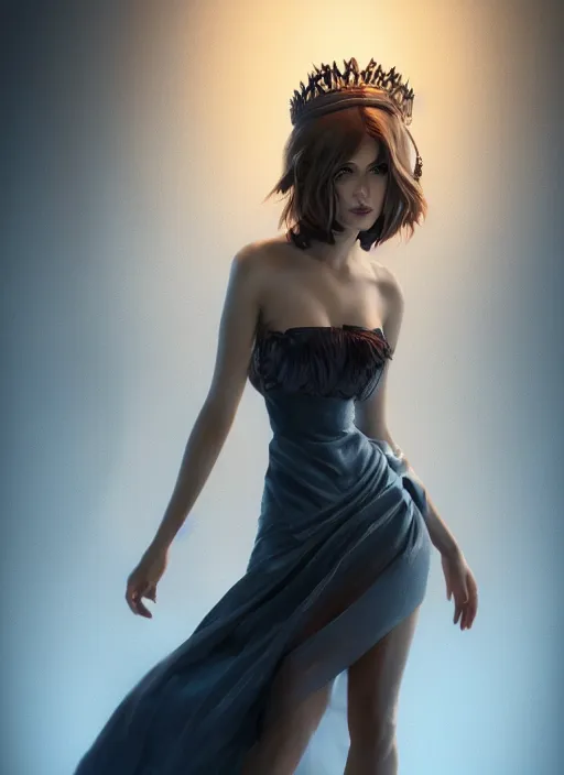 Image similar to beautiful fashion goddness, strapless dress, character portrait in the style of thomas river and artgerm, wlop, cinematic lighting, hyperdetailed, 8 k realistic, symmetrical, global illumination, radiant light, halo, love and mercy, frostbite 3 engine, cryengine, dof, trending on artstation, digital art, chanel