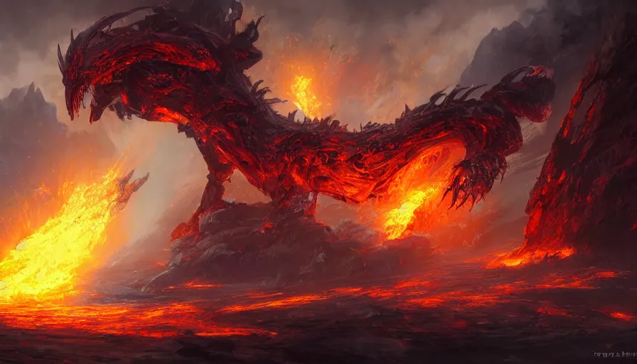 Image similar to a beautiful digital fantasy concept art of a giant electric cyborg dragon sitting on a molten rock, concept art by tyler edlin, james gurney, highly detailed, oil on canvas