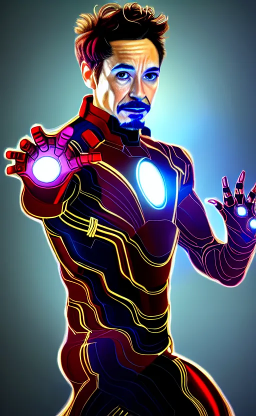 Prompt: portrait of robert sheehan as tony stark from the avengers infinity war, marvel concept art, hyperrealistic, detailed, accurate illustration, dramatic lighting, action pose