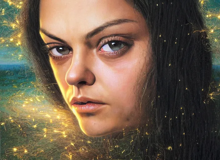 Image similar to big-eyed surprised Mila Kunis staring intensely into the camera, sundown golden hour firefly wisps, Lilia Alvarado, Sophie Anderson, Mark Arian, Bob Byerley, Charlie Bowater, Mark Brooks, Steve Henderson, Justin Gerard, Arthur Hughes, Edward Robert Hughes, Mark Keathley, Victor Nizovtsev, Carlos Shwabe, Ross Tran, WLOP