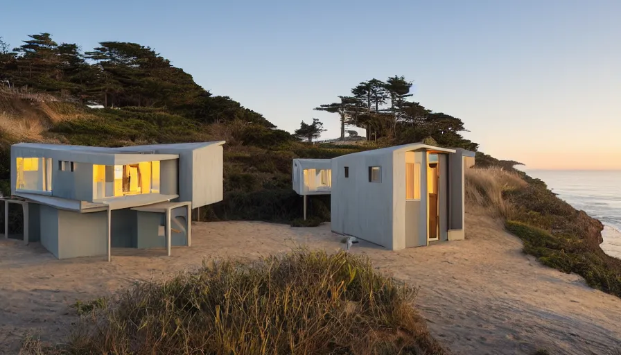 Image similar to An architectural rending of an eco-community neighborhood of innovative contemporary 3D printed sea ranch style cabins with rounded corners and angles, beveled edges, made of cement and concrete, organic architecture, on the California coastline with side walks, parks and public space , Designed by Gucci and Wes Anderson, golden hour