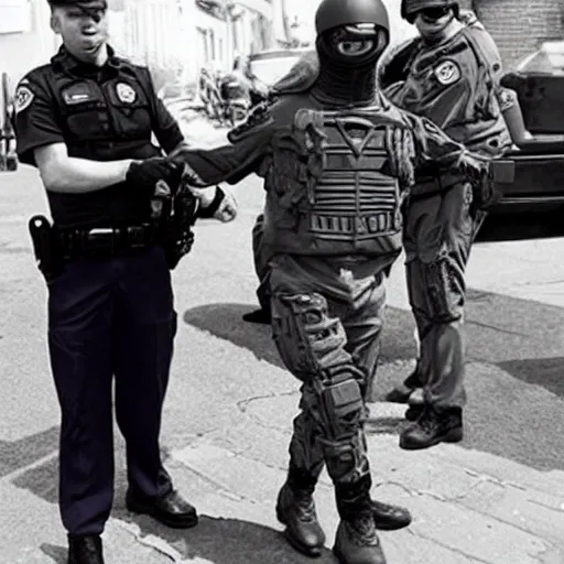 Image similar to extraterrestrial zeta reticulan grey alien, being arrested by spetsnaz