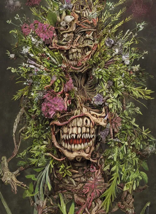 Image similar to a hyper detailed fine painting of a cyborg hybrof monster made of woods herbs flowers and plants, horror surrealism