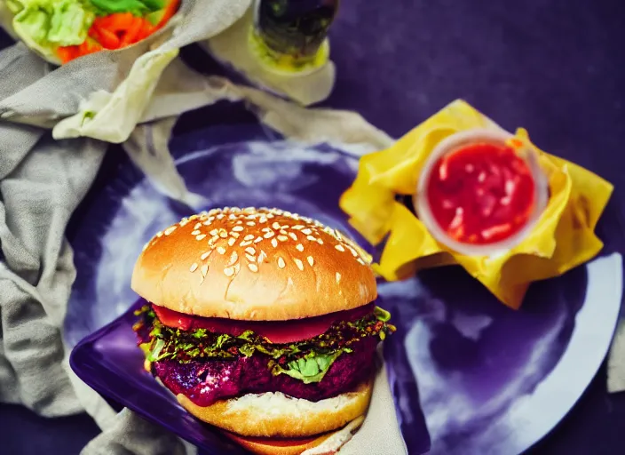 Image similar to dslr food photograph of a hamburger, thanos holding the plate 8 5 mm f 1. 8