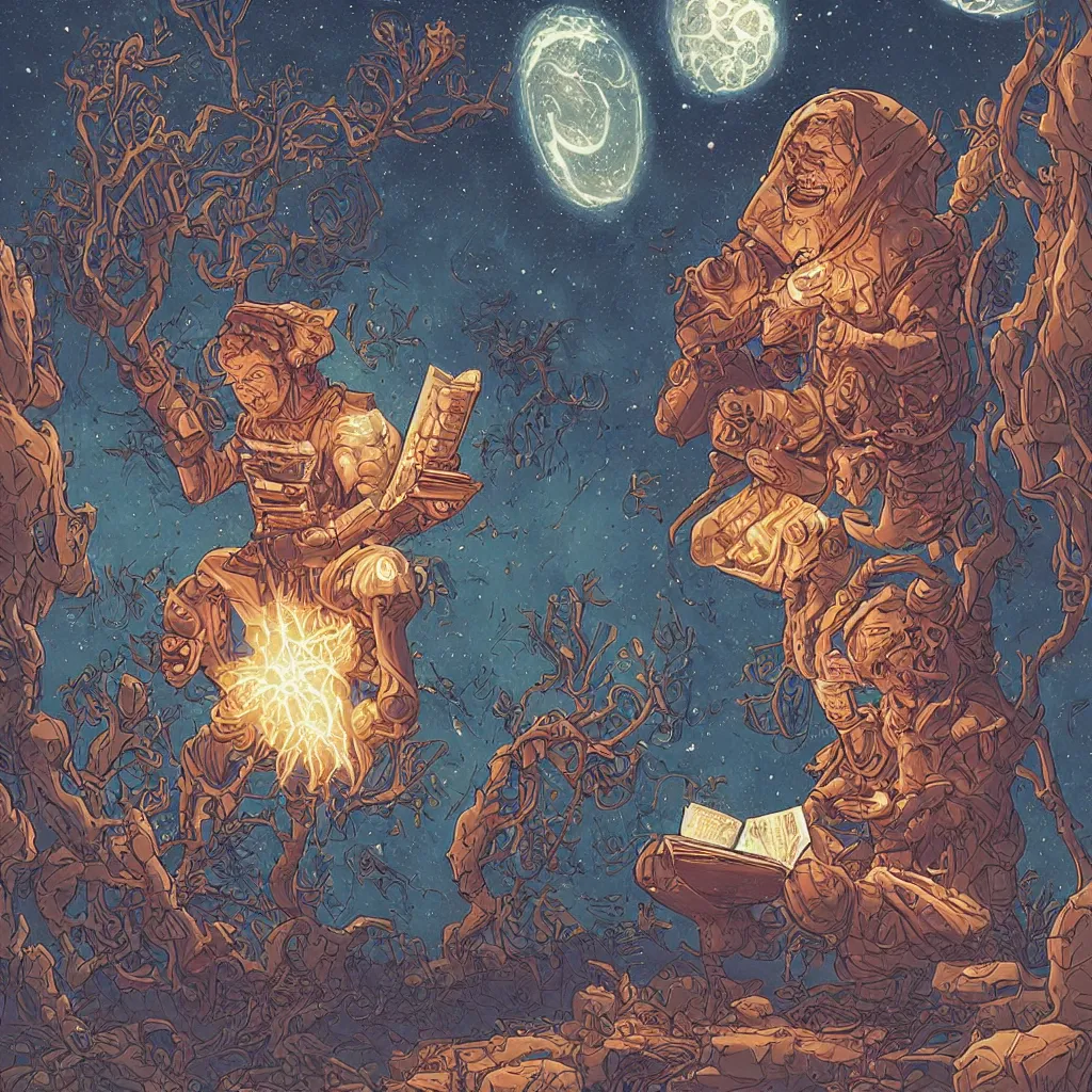 Prompt: A cosmic being reading books containing knowledge of the universe by Laurie Greasley and Justin Gerard