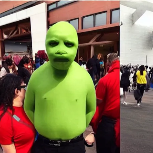 Prompt: a person cosplaying a wojak meme