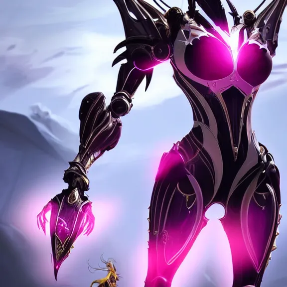 Image similar to highly detailed giantess shot exquisite warframe fanart, looking up at a giant 500 foot tall beautiful stunning saryn prime female warframe, as a stunning anthropomorphic robot female dragon, looming over you, dancing elegantly over you, your view upward between the legs, white sleek armor with glowing fuchsia accents, proportionally accurate, anatomically correct, sharp robot dragon claws, two arms, two legs, camera close to the legs and feet, giantess shot, upward shot, ground view shot, leg and thigh shot, epic low shot, high quality, captura, realistic, professional digital art, high end digital art, furry art, macro art, giantess art, anthro art, DeviantArt, artstation, Furaffinity, 3D realism, 8k HD octane render, epic lighting, depth of field