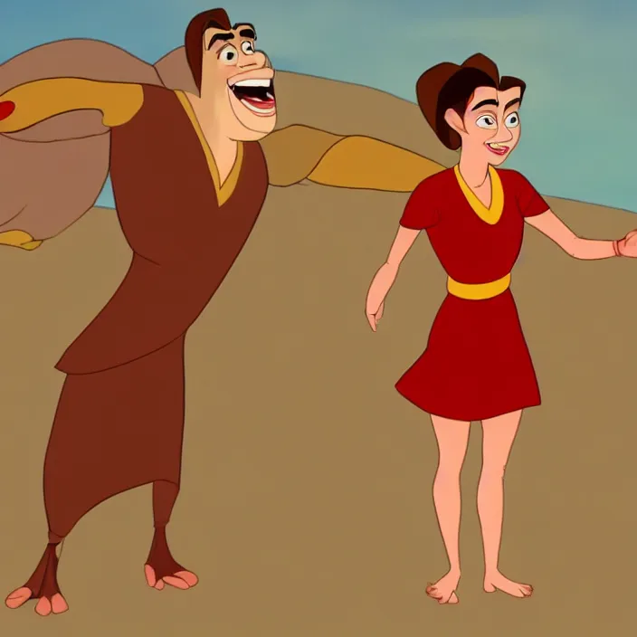 Image similar to A cartoon of a Joyful! and smiling Emma Watson wearing red clothes, in the style of The emperor's new groove (2000). Clear body. Light Clothes. Low angle.