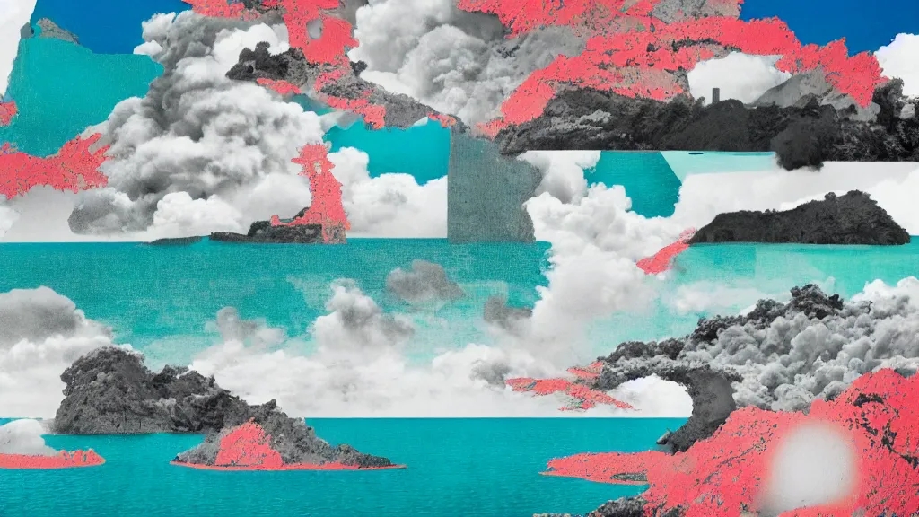 Image similar to dramatic landscape of amami oshima, japan, a collage painting, in the style of wes anderson, lola dupre, david hockney, isolated on negative white space background dark monochrome neon fluorescent spraypaint accents volumetric octane render