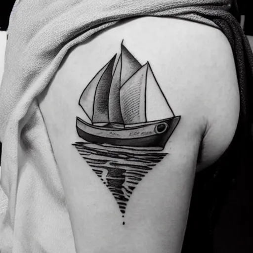 Image similar to A ship on a deserted island, realism tattoo design on white background