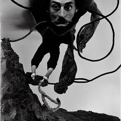 Prompt: Adam Ondra, portrait, long mustache, mustache is climbing rope, by Dali, style of salvador dali self-portrait