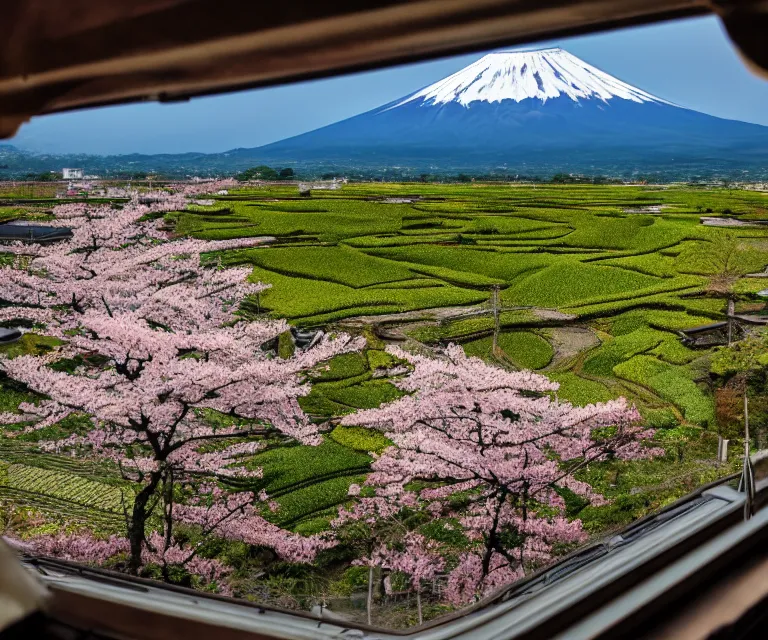 Image similar to a photo of mount fuji, japanese ladscapes, rice paddies, sakura trees, seen from a window of a train. cinematic lighting.