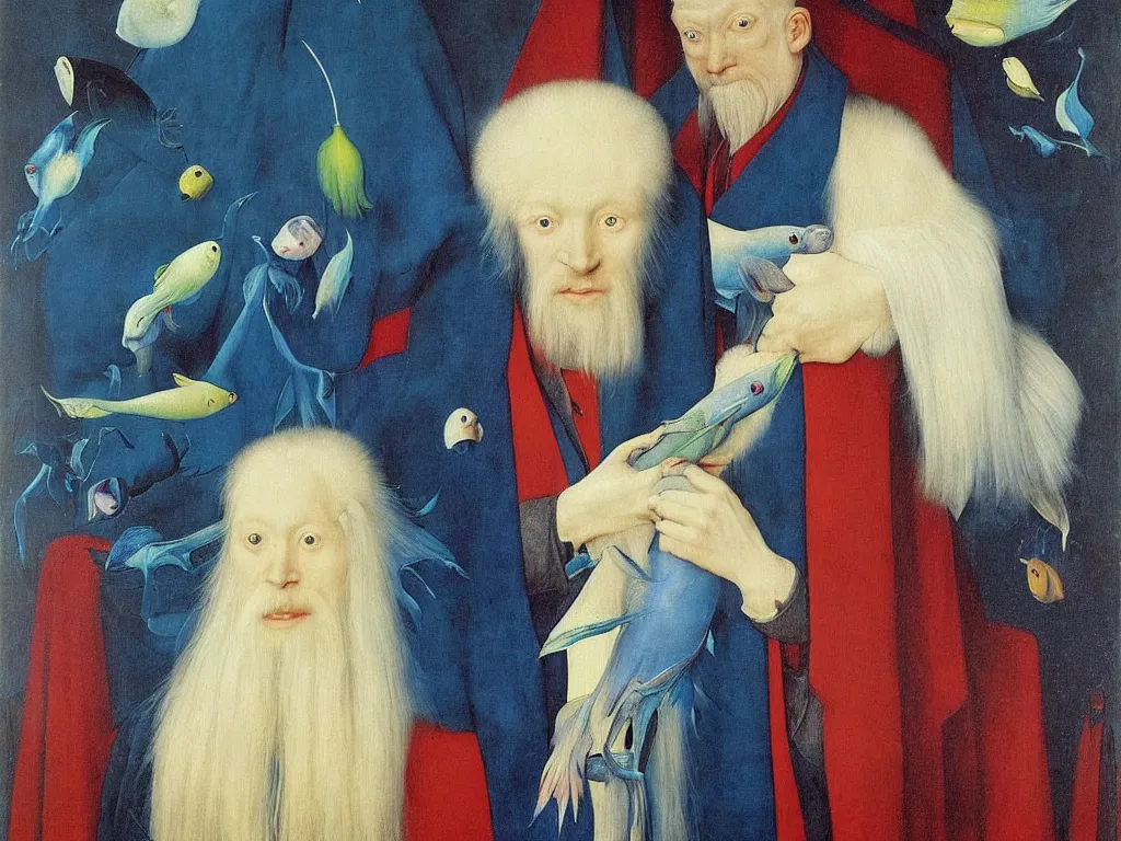 Image similar to Portrait of albino mystic with blue eyes, with exotic beautiful fish. Painting by Jan van Eyck, Audubon, Rene Magritte, Agnes Pelton, Max Ernst, Walton Ford