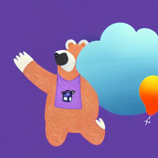 Image similar to cartoon bear wearing clothes being launched out of a futuristic machine into a purple and orange cloud land