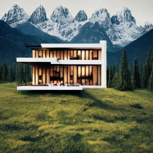 Image similar to wes anderson style modern futuristic house near the lake, snowy mountains and green forest, cinematic, realism, photo, detailed