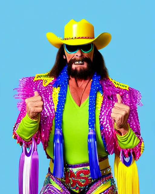 Prompt: disney pixar portrait 8 k photo of macho man randy savage wearing brightly colored cowboy hat, pants and jacket with tassles : : as ultimate professional wrestler by pixar : : by weta, greg rutkowski, wlop, ilya kuvshinov, rossdraws, artgerm, annie leibovitz, rave, unreal engine, alphonse mucha : :