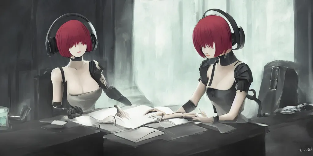 Prompt: 2b from nier automata sitting at a desk studying with headphones on in front of a laptop, background is a tinted window looking out into a white church, Ghibli studio art, high quality anime, photoshop, digital art, detailed facial features, imaginary slice of life