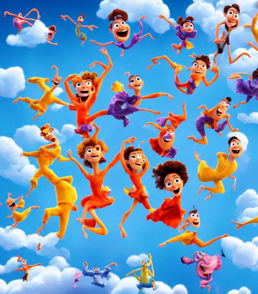 Image similar to full body shot of dancers dancing on the clouds, 3 d animated pixar illumination studios animated movie by pete docter, extremely joyful and eerie smiles, slimy fluid liquid