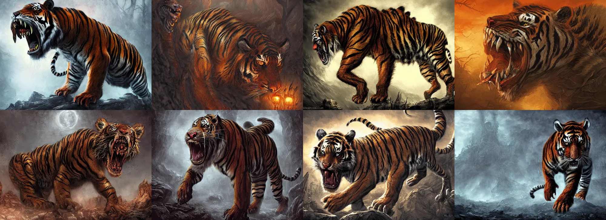 Prompt: a nightmarish mutated tiger beast, by keith thompson, ( horror art ), wide angle, dramatic lighting, highly detailed digital painting