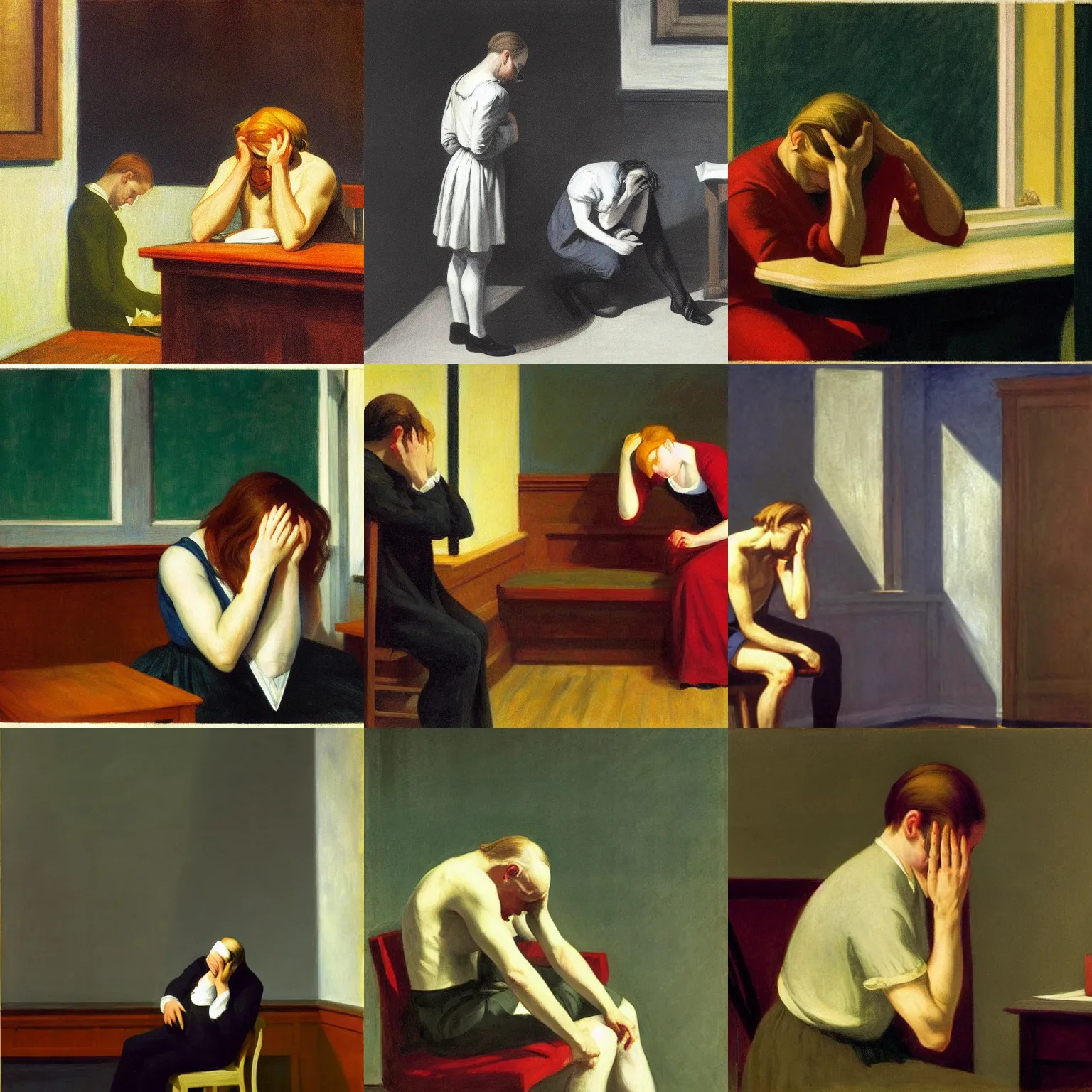 Prompt: a jealous william shakespeare crying because he's not good enough, by edward hopper