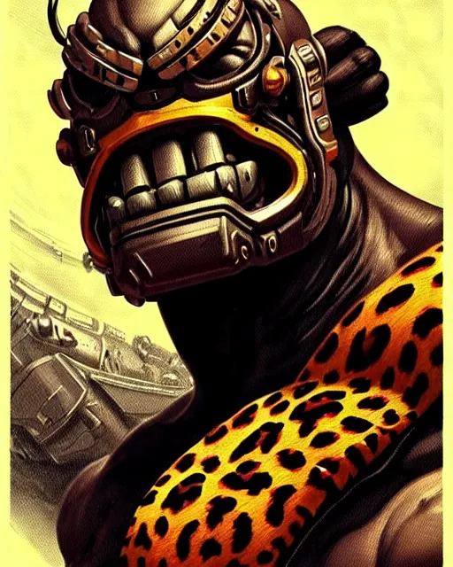 Image similar to doomfist from overwatch, aggressive expression, elegant, leopard print, character portrait, portrait, close up, concept art, intricate details, highly detailed, vintage sci - fi poster, retro future, in the style of chris foss, rodger dean, moebius, michael whelan, and gustave dore