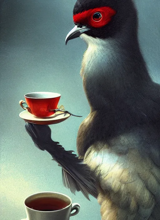 Image similar to a bird holds a cup of tea in its hands, hyperrealism, no blur, 4 k resolution, ultra detailed, style of tyler edlin, tom bagshaw, arthur rackham, ivan shishkin