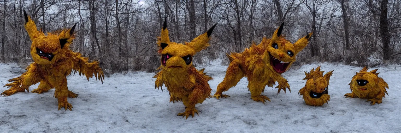 Image similar to photo of real life pokemons, creepy!!!, scaly!!!, gritty!!!, menacing!!!, evil, ultra realistic, gritty, winter, slight overcast, golden hour, volumetric lighting, sharp focus