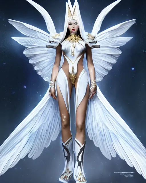 Image similar to perfect white haired egyptian queen wearing white dove wings, warframe armor, regal, attractive, ornate, sultry, beautiful, dreamy, half asian, pretty face, blue eyes, detailed, scifi platform, 4 k, ultra realistic, epic lighting, android body, illuminated, cinematic, masterpiece, art by akihito tsukushi, voidstar, artgerm