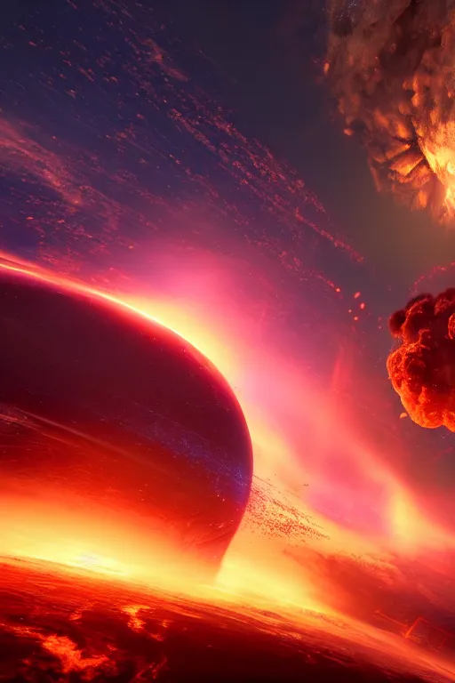 Image similar to dramatic photo of a nuclear explosion on a space station, full of colour, cinematic lighting, trending on artstation, 4k, hyperrealistic, focused, extreme details,unreal engine 5, cinematic, masterpiece