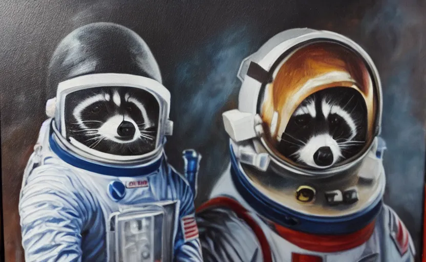 Image similar to oil painting of a racoon in a astronaut suit with helmet, 35mm, photo, Epic, cinematic