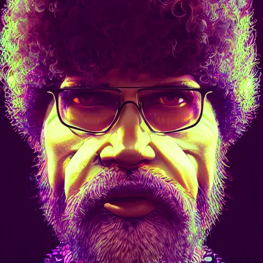 Prompt: disgusting portrait of a bob ross, art by wlop and artgerm and liam wong, cyberpunk, neon, intricate details, trending on artstation, sharp focus, caustics, octane render, radiant light, 4 k
