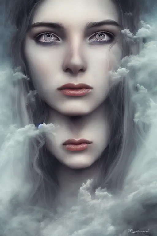 Image similar to Goddes of Clouds, Mist and Smoke, , pretty face, ultra detailed, digital art, 8k ,character ,realistic, portrait, hyperrealistic