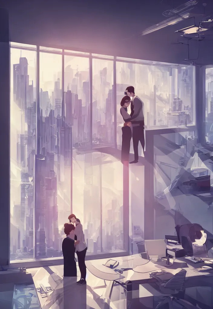 Prompt: wife hugging her sitted husband that at his futuritic desk looking at the window with a futuristic city, rossdraws, global illumination, radiant light, detailed and intricate environment