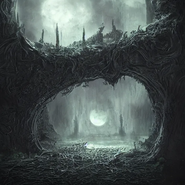 Prompt: gazing into the ominous dark etherial gate to the pitch black void, dark midnight, quiet and serene atmosphere, deviantart, concept art, intricate high detail masterpiece