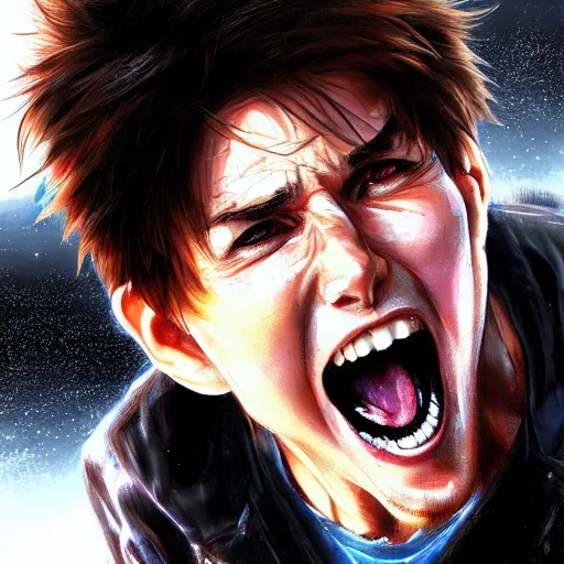 Image similar to A close-up anime portrait of tom cruise screaming, by a professional manga illustrator, Stanley Artgerm Lau, WLOP, Rossdraws, James Jean, Andrei Riabovitchev, Marc Simonetti, and Sakimichan, tranding on artstation