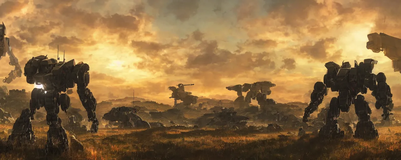 Prompt: A real photo of a giant mechwarrior robot and the sunset in the distance, by Josan Gonzalez, Yoji Shinkawa and Geof Darrow, highly detailed, Unreal Engine Render, 3D, 8k wallpaper