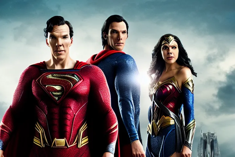 Prompt: film still of Benedict Cumberbatch as Superman in Justice League movie, 4k