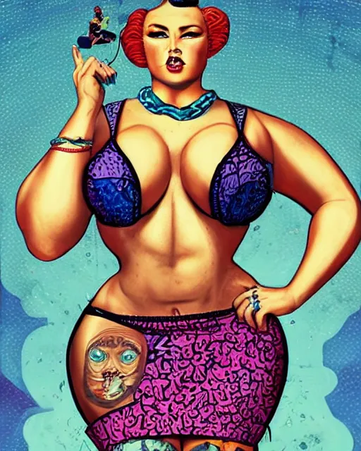 Prompt: upper body pinup of a > > > gorgeous < < < woman, bbw, muscular, wearing vest and miniskirt. pop art, gta. in the style of hannah yata, dan mumford.