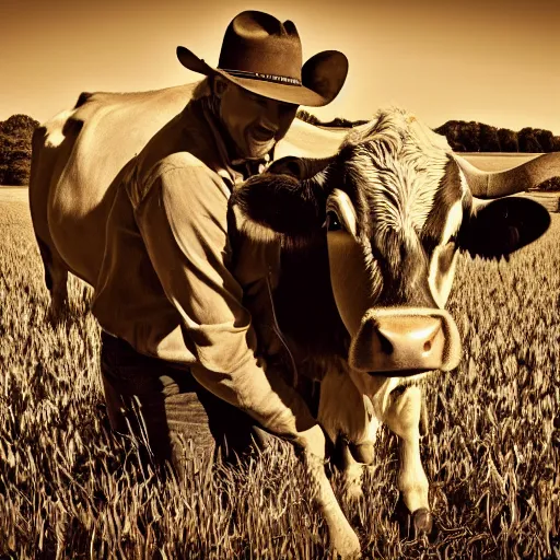 Prompt: a cowboy hugging a cow in a corn field vintage sepia detailed 8 k