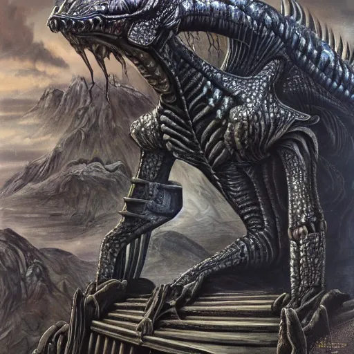 Image similar to Giger portrait of queen dragon, Dragon in dragon lair, HD, full body dragon concept, flying dragon, soft shading, hyperdetailed, wide angle lens, fantasy, futuristic horror, style of giger