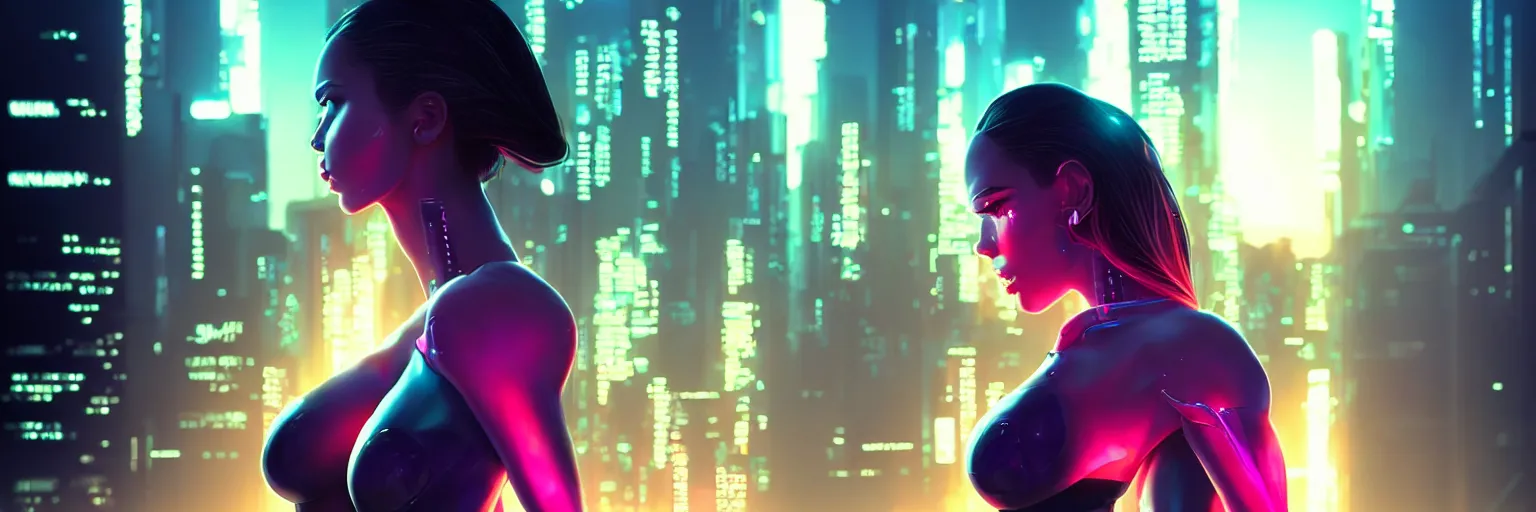 Image similar to backlit portrait of one female humanoid in a cyberpunk cityscape, half body cropping, elegant glamor pose, accurate anatomy, cyber led neon lighting, bokeh, rule of thirds, hyper photorealistic, crispy quality, digital photography, art by pascal blanche, art by artgerm, art by greg rutkowski,