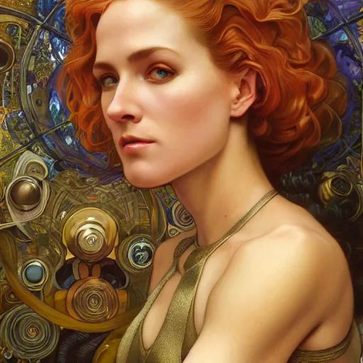 Image similar to Portrait of Samus Aran drawn by Donato Giancola and Tom Bagshaw, face by Artgerm, overall design by Alphonse Mucha, background by James Jean and Gustav Klimt, light by Julie Bell, 4k, golden accents, porcelain skin, komorebi, french nouveau, trending on artstation, octane render, hyperrealistic