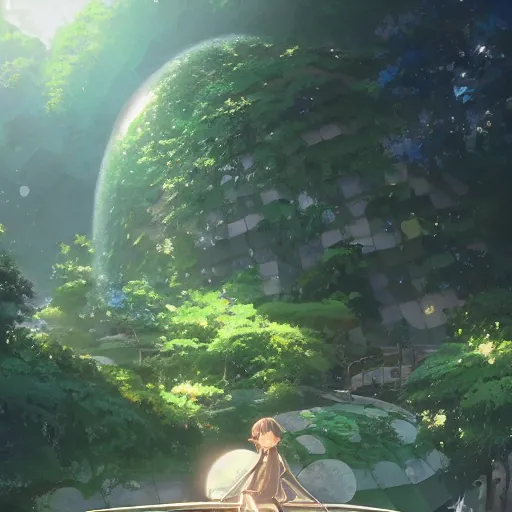 Image similar to geodesic dome with gardens and waterfall, gapmoe kuudere moody lighting stunning bokeh highlights sharp contrast | trending pixiv fanbox | by greg rutkowski makoto shinkai takashi takeuchi studio ghibli