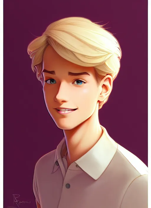 Image similar to young man with short, ash blond hair, light brown eyes, natural lighting, path traced, highly detailed, high quality, cartoon, digital painting, by don bluth and ross tran and studio ghibli and alphonse mucha