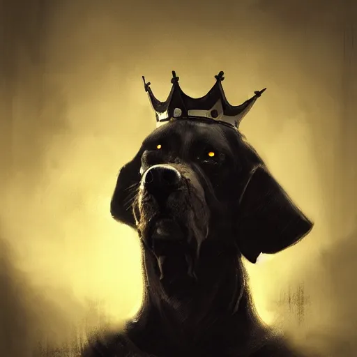 Image similar to cinematic portrait of brutal epic dark dog with crown, concept art, artstation, glowing lights, highly detailed